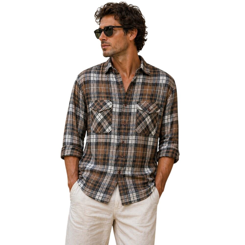 FRADI Italy 100% Linen Plaid Button Down Shirt Mens XL Brown Casual Luxury Italy